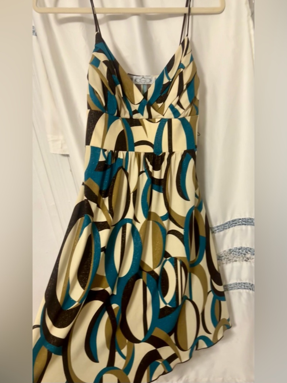 Trixxi Teal, Olive & Cream Geometric Cowl Neck Dress